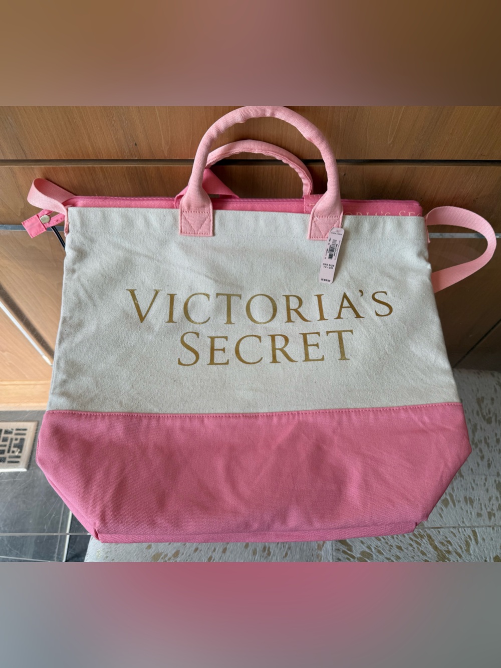 NWT Victoria's Secret Pink & Cream Canvas Boat Tote with Gold Logo